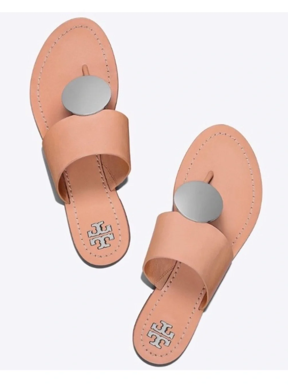 TORY BURCH SIZE 8~SILVER DISK PATOS SANDALS~NATURAL VACHETTA NUDE LEATHER~FLATS